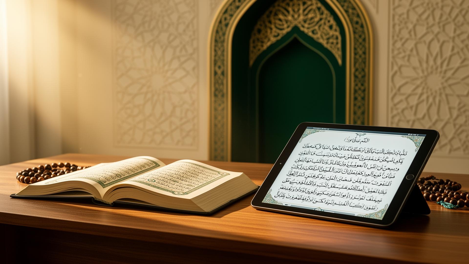 طالب يقرأ القرآن مع جهاز لوحي